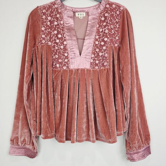 POL Tops - POL Embroidered Yoke Velvet Long Sleeve Blouse Boho Tunic Top, Size Medium, EUC